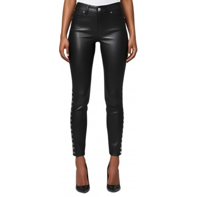 Pantalon jeans femme cuir d'agneau noir stretchavec rivets de chaque côté modèle Itiza