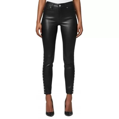Pantalon jeans femme cuir d'agneau noir stretchavec rivets de chaque côté modèle Itiza