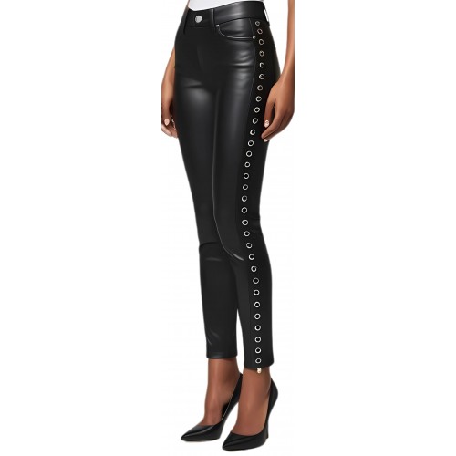Pantalon jeans femme cuir d'agneau noir stretchavec rivets de chaque côté modèle Itiza