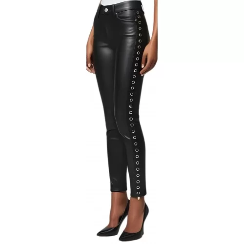Pantalon jeans femme cuir d'agneau noir stretchavec rivets de chaque côté modèle Itiza