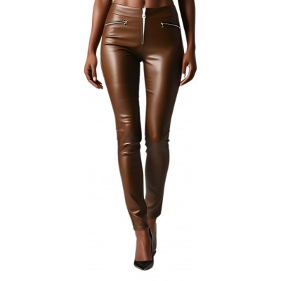 Pantalon cuir femme en agneau stretch marron modèle Bertha