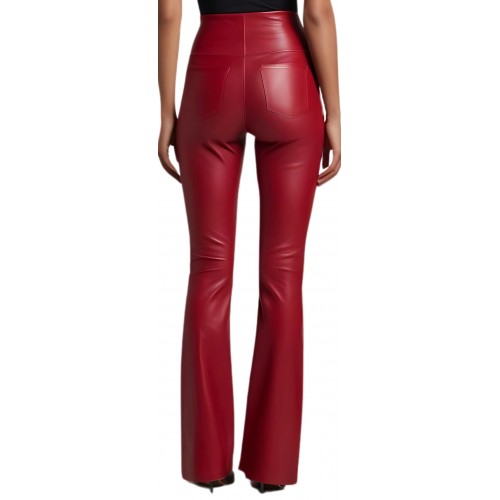 Pantalon cuir femme en agneau stretch évasé en bas rouge modèle Rika