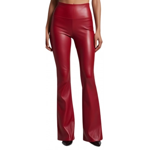 Pantalon cuir femme en agneau stretch évasé en bas rouge modèle Rika