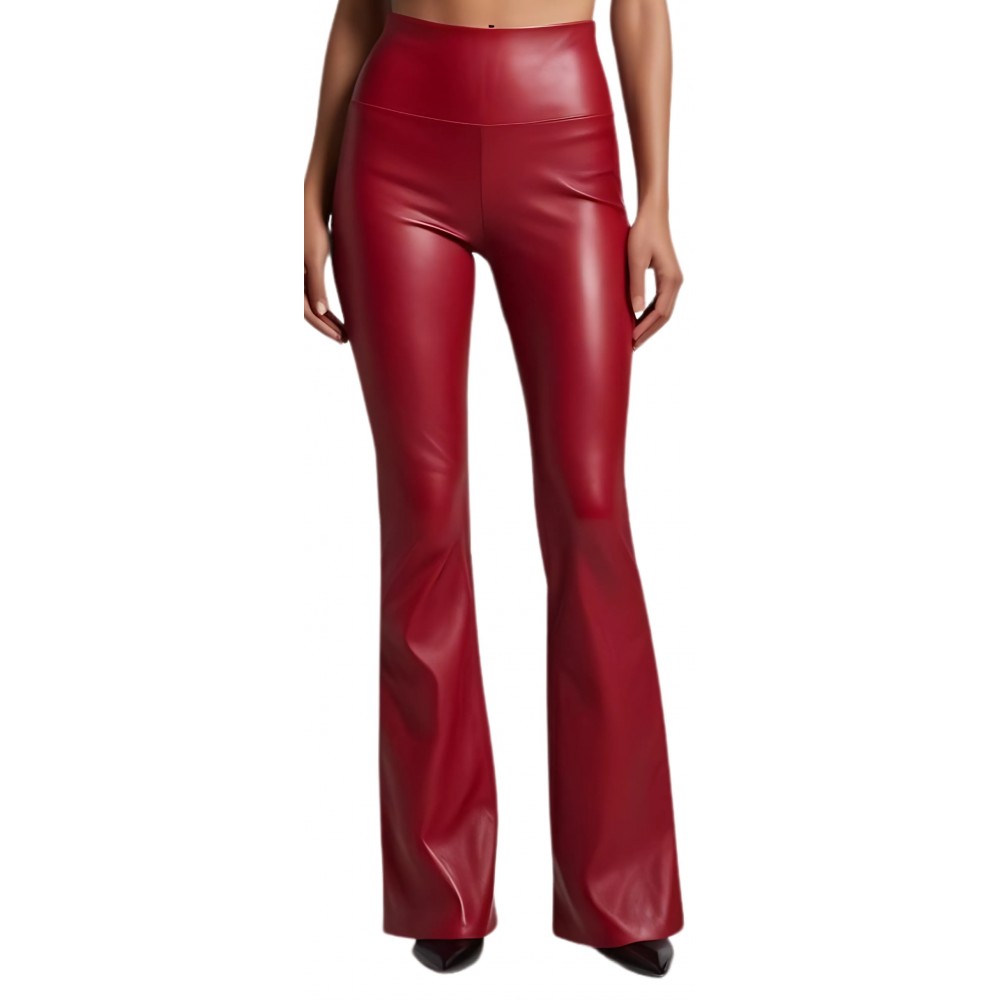 Pantalon cuir femme en agneau stretch évasé en bas rouge modèle Rika