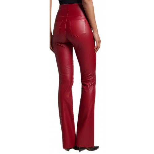 Pantalon cuir femme en agneau stretch évasé en bas rouge modèle Rika