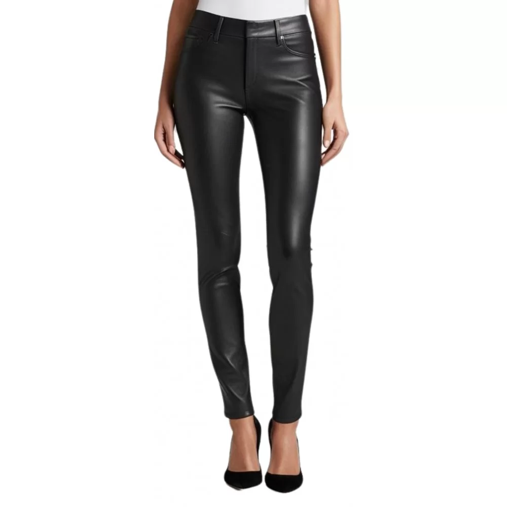 Pantalon cuir femme coupe slim en agneau noir modèle Elenore