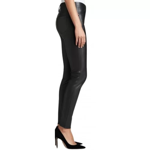 Pantalon cuir femme coupe slim en agneau noir modèle Elenore