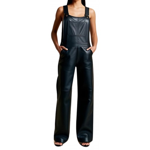 Salopette en cuir femme coupe large agneau noir modèle Jeanne