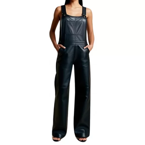 Salopette en cuir femme coupe large agneau noir modèle Jeanne