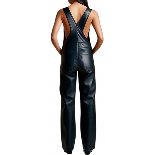 Salopette en cuir femme coupe large agneau noir modèle Jeanne