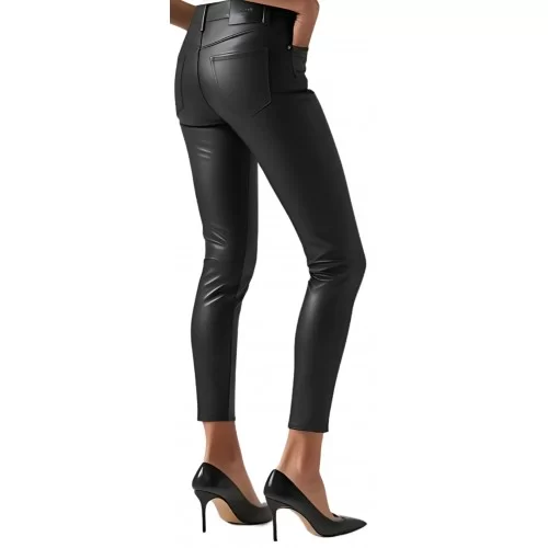 Pantalon jeans femme en cuir d'agneau stretch noir modèle Prisme