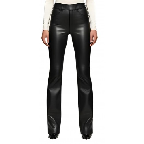 Pantalon cuir d'agneau plongé bas évasé noir modèle Nadine