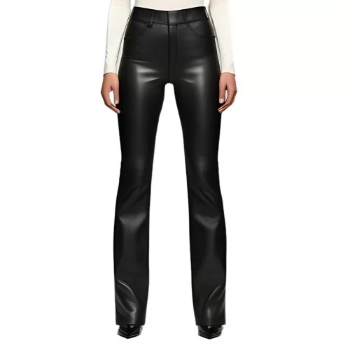 Pantalon cuir d'agneau plongé bas évasé noir modèle Nadine