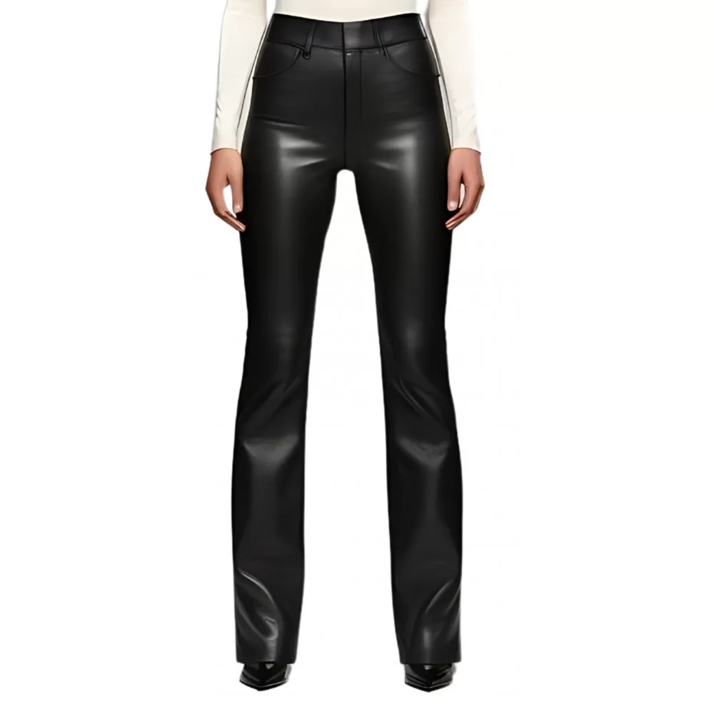 Pantalon cuir d'agneau plongé bas évasé noir modèle Nadine
