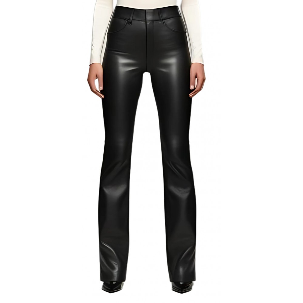 Pantalon cuir d'agneau plongé bas évasé noir modèle Nadine