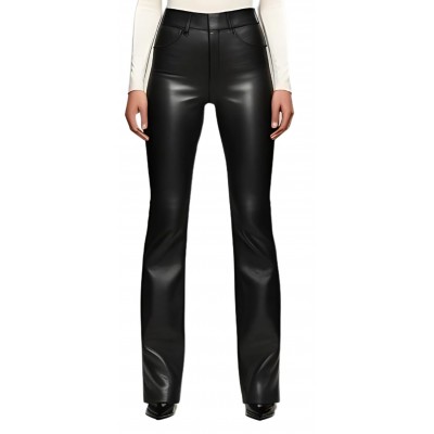 Pantalon cuir d'agneau plongé bas évasé noir modèle Nadine