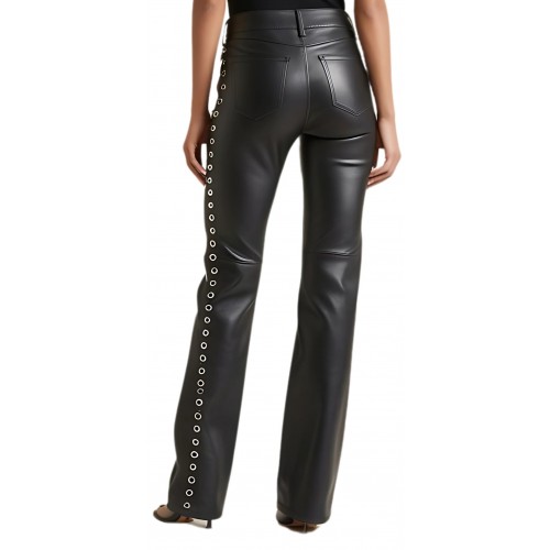 Pantalon cuir d'agneau plongé noir bas évasé  côtés oeillets métal modèle Narima