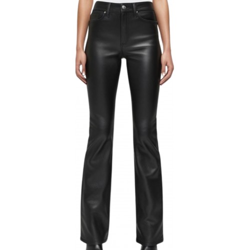 Pantalon jeans en cuir d'agneau plongé noir bas évasé modèle Danielle