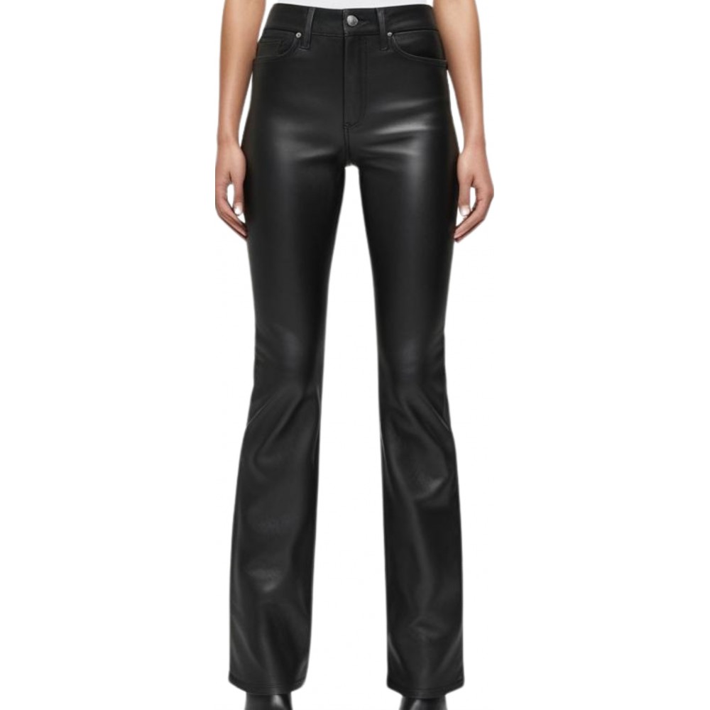 Pantalon jeans en cuir d'agneau plongé noir bas évasé modèle Danielle