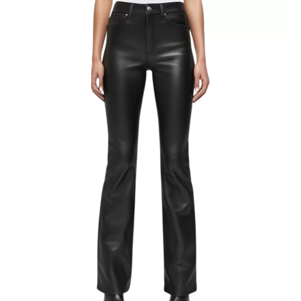Pantalon jeans en cuir d'agneau plongé noir bas évasé modèle Danielle