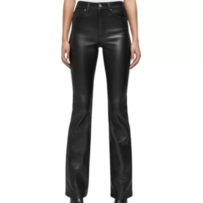 Pantalon jeans en cuir d'agneau plongé noir bas évasé modèle Danielle