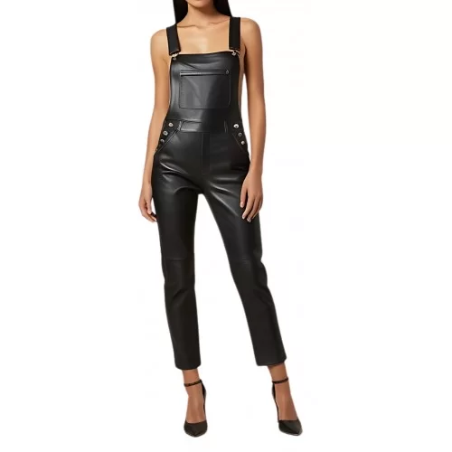 Salopette en cuir bas court en agneau noir modèle FIlomène