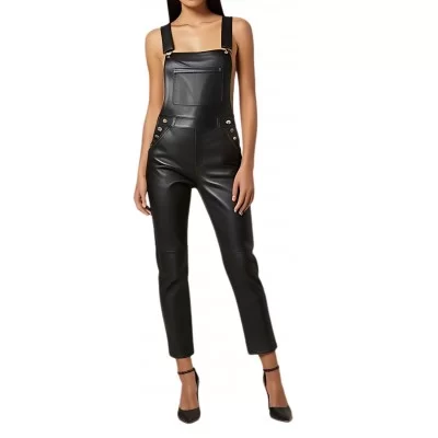 Salopette en cuir bas court en agneau noir modèle FIlomène