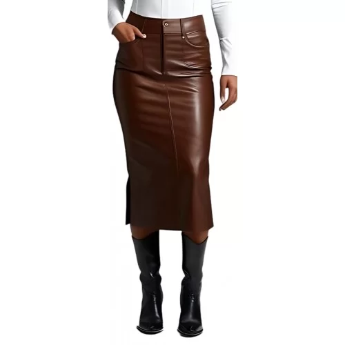 Jupe longue en cuir forme fuseau en agneau marron modèle Unia