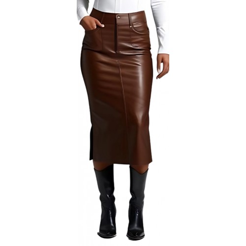 Jupe longue en cuir forme fuseau en agneau marron modèle Unia