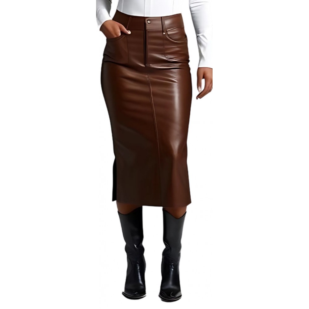 Jupe longue en cuir forme fuseau en agneau marron modèle Unia