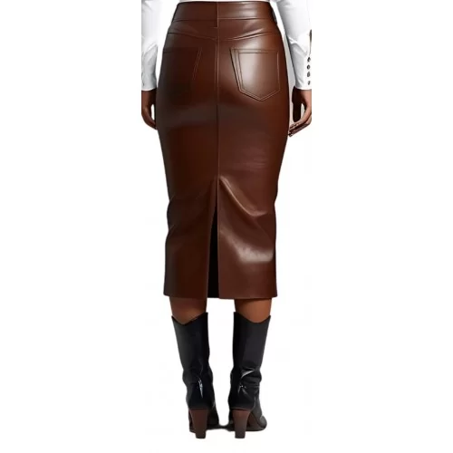 Jupe longue en cuir forme fuseau en agneau marron modèle Unia