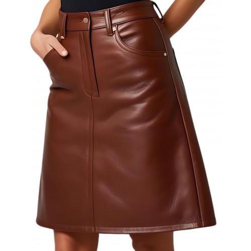 Jupe mi courte forme trapèze en cuir d'agneau marron modèle Nana