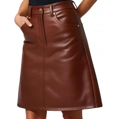 Jupe mi courte forme trapèze en cuir d'agneau marron modèle Nana