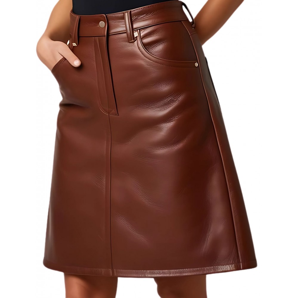 Jupe mi courte forme trapèze en cuir d'agneau marron modèle Nana