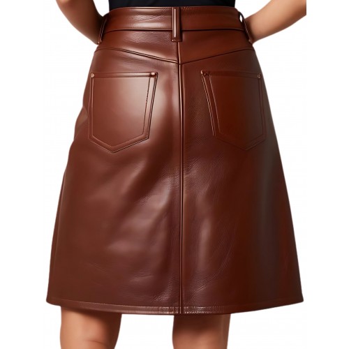 Jupe mi courte forme trapèze en cuir d'agneau marron modèle Nana