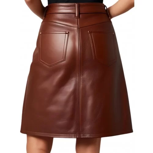 Jupe mi courte forme trapèze en cuir d'agneau marron modèle Nana