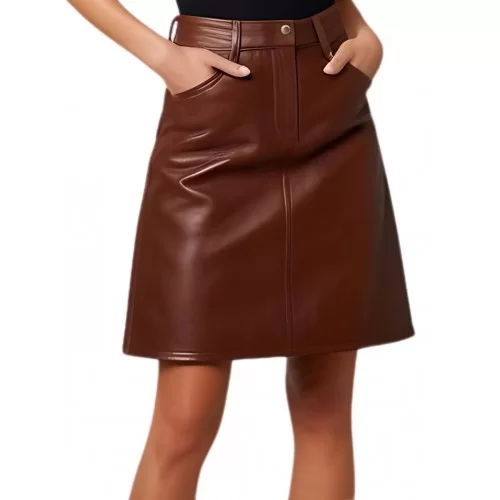 Jupe mi courte forme trapèze en cuir d'agneau marron modèle Nana