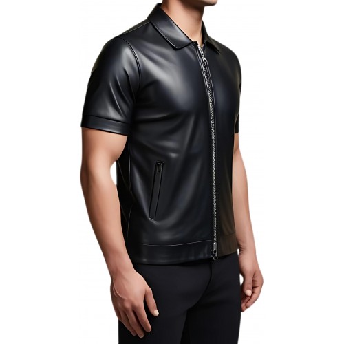 Tee shirt en cuir d'agneau avec ouverture par zip sur l'avant noir modèle Gabrielo