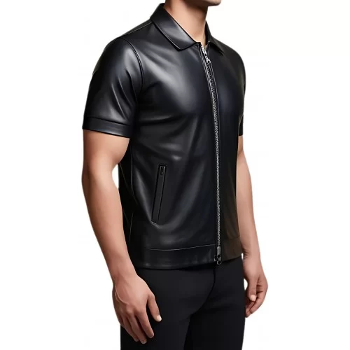 Tee shirt en cuir d'agneau avec ouverture par zip sur l'avant noir modèle Gabrielo