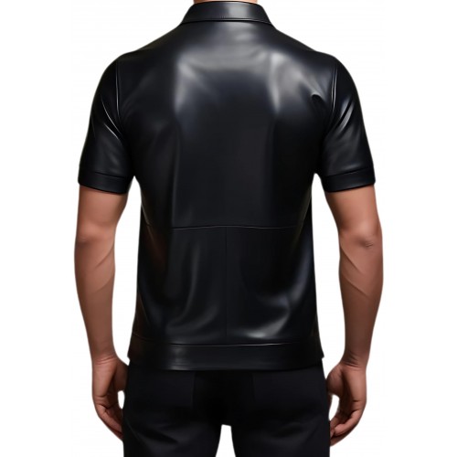 Tee shirt en cuir d'agneau avec ouverture par zip sur l'avant noir modèle Gabrielo