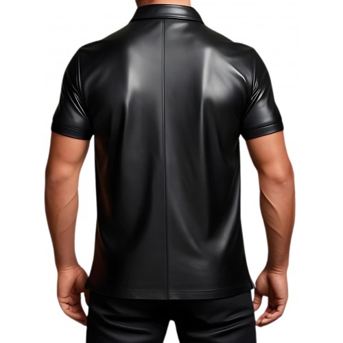 Tee shirt chemisette en cuir d'agneau avec ouverture par zip sur l'avant noir modèle Amidone