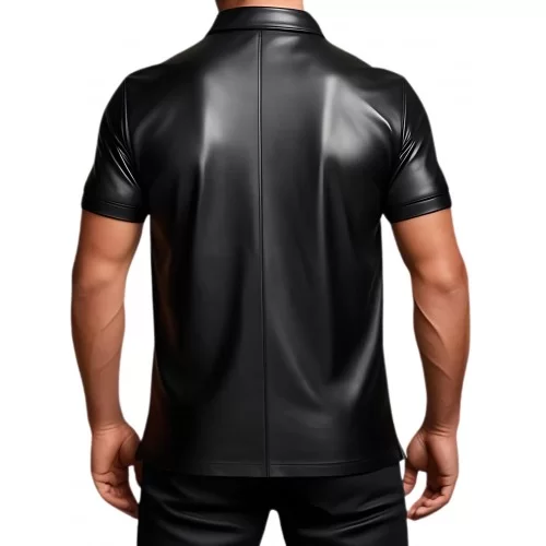 Tee shirt chemisette en cuir d'agneau avec ouverture par zip sur l'avant noir modèle Amidone