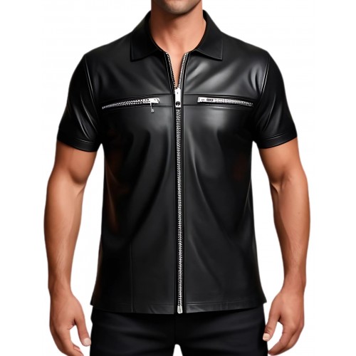 Tee shirt chemisette en cuir d'agneau avec ouverture par zip sur l'avant noir modèle Amidone