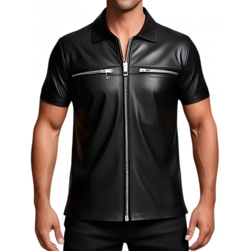 Tee shirt chemisette en cuir d'agneau avec ouverture par zip sur l'avant noir modèle Amidone