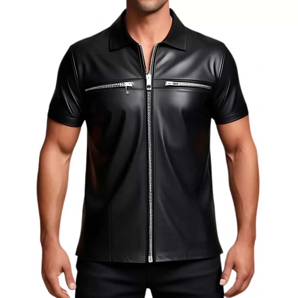 Tee shirt chemisette en cuir d'agneau avec ouverture par zip sur l'avant noir modèle Amidone