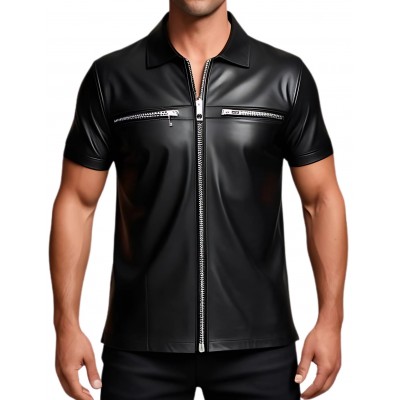 Tee shirt chemisette en cuir d'agneau avec ouverture par zip sur l'avant noir modèle Amidone
