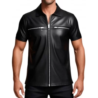 Tee shirt chemisette en cuir d'agneau avec ouverture par zip sur l'avant noir modèle Amidone