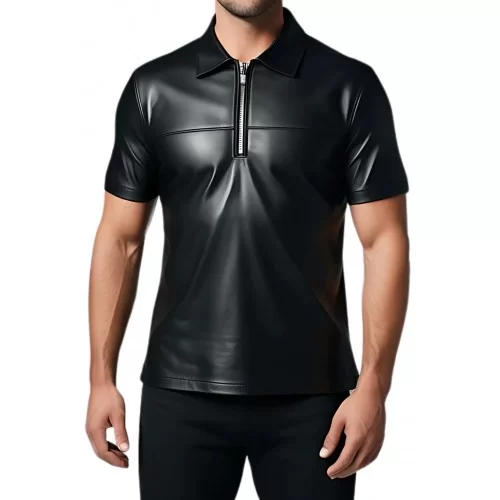 Tee shirt en cuir d'agneau noir avec ouverture par zip sur l'avant modèle Sime