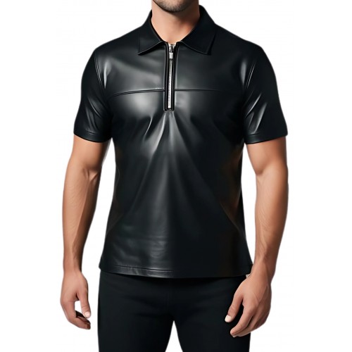 Tee shirt en cuir d'agneau noir avec ouverture par zip sur l'avant modèle Sime