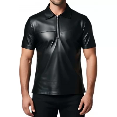 Tee shirt en cuir d'agneau noir avec ouverture par zip sur l'avant modèle Sime